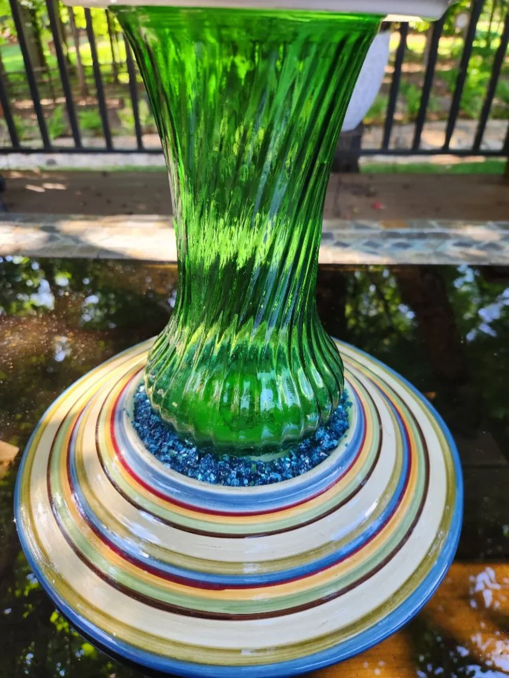 Upcycled Blue Green Tiki Torch Crushed Glass Accents
